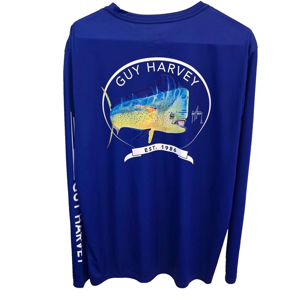 Guy Harvey Fishing Shirt Large L LS Mahi Mahi Dorado Performance Sun Blue 22x30